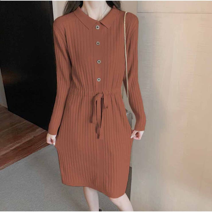 ブラウン | ニットカシュクールワンピース リブ編み Vネック | And Kawaii