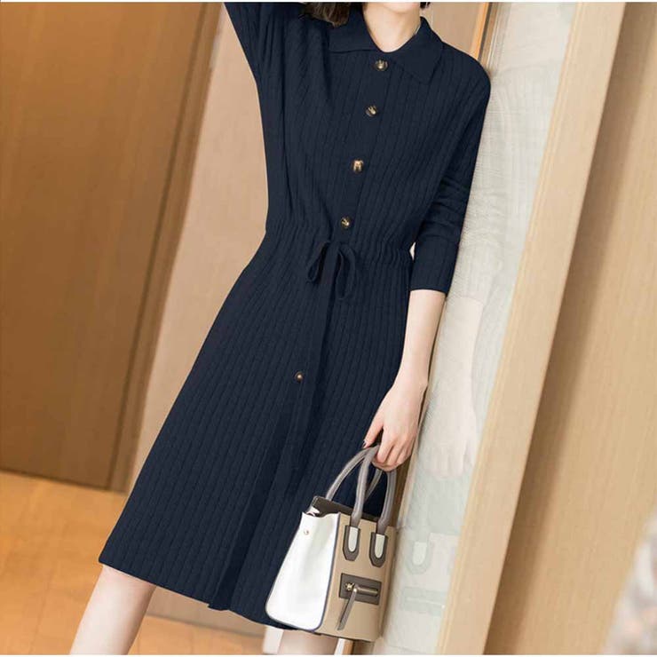 ネイビー | ニットカシュクールワンピース リブ編み Vネック | And Kawaii