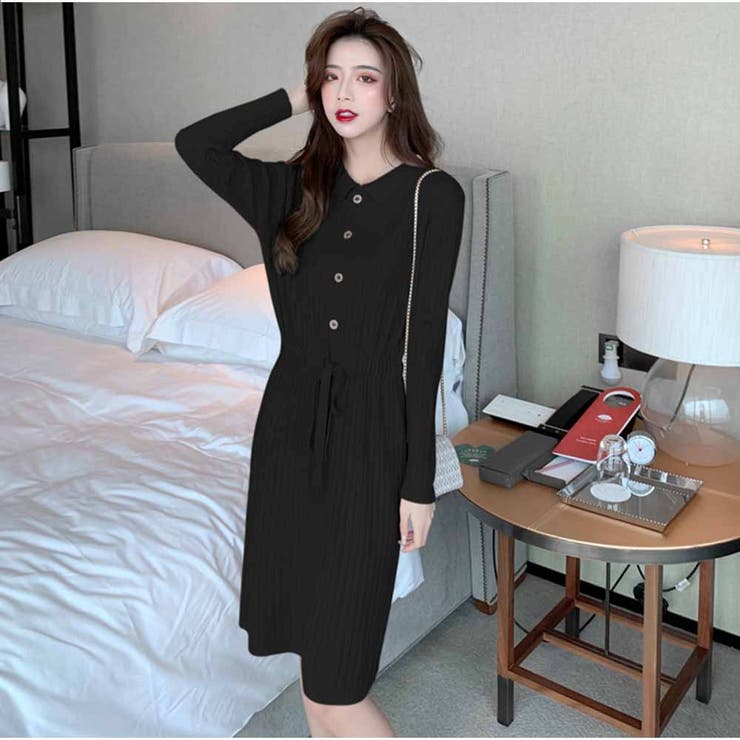 ブラック | ニットカシュクールワンピース リブ編み Vネック | And Kawaii