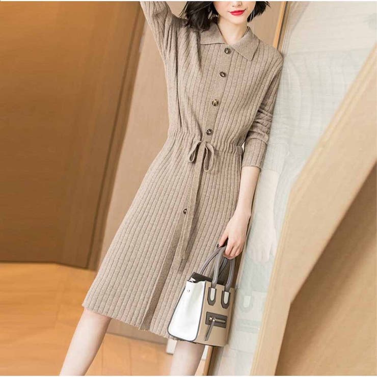 キャメル | ニットカシュクールワンピース リブ編み Vネック | And Kawaii