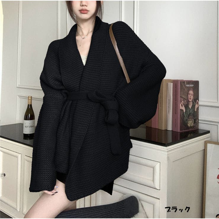ブラック | ニットカーディガン ニットトップス ベルト付き 秋冬新作 | And Kawaii