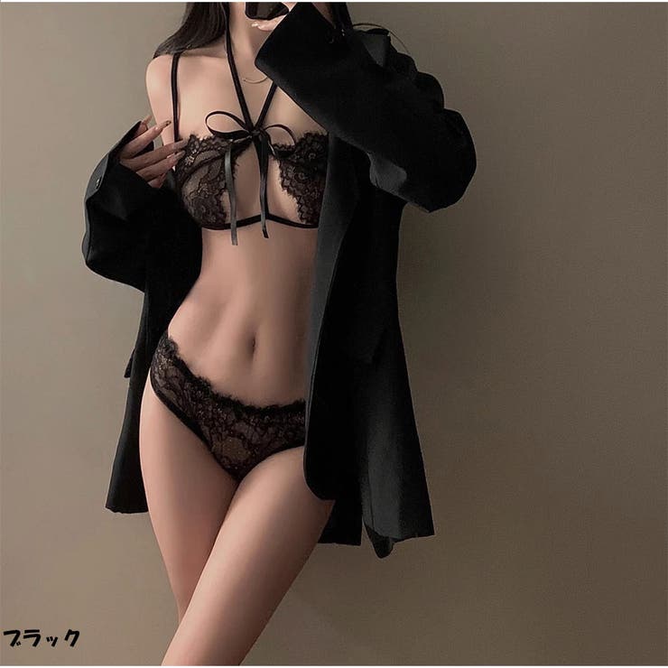 ブラック | 透けレース リボンデザイン セクシーランジェリー上下セット | And Kawaii