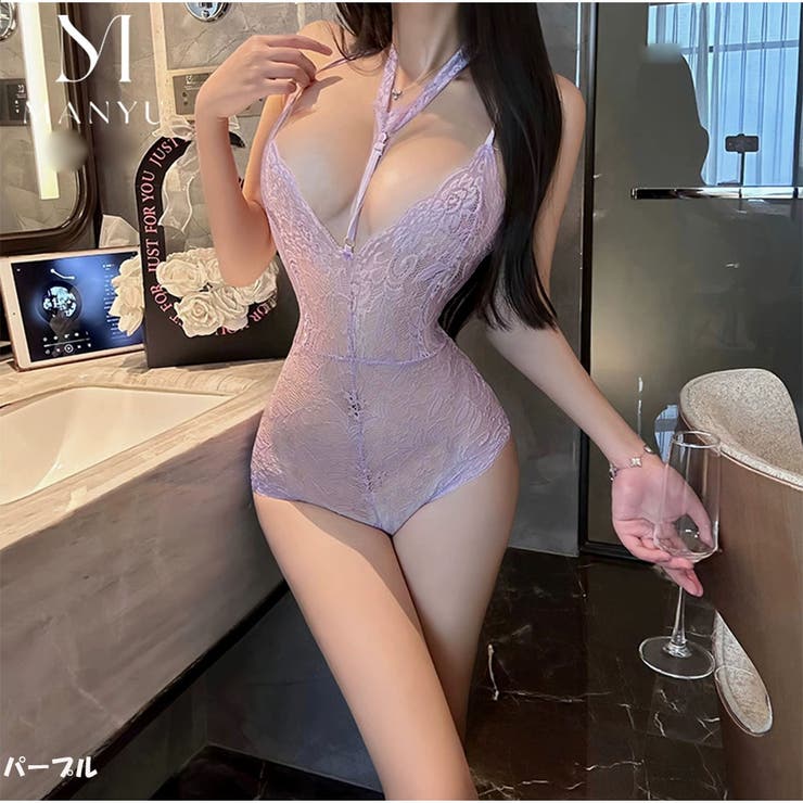 パープル | セクシーランジェリー レースVネック バックレスボディスーツ 透け感あり | And Kawaii