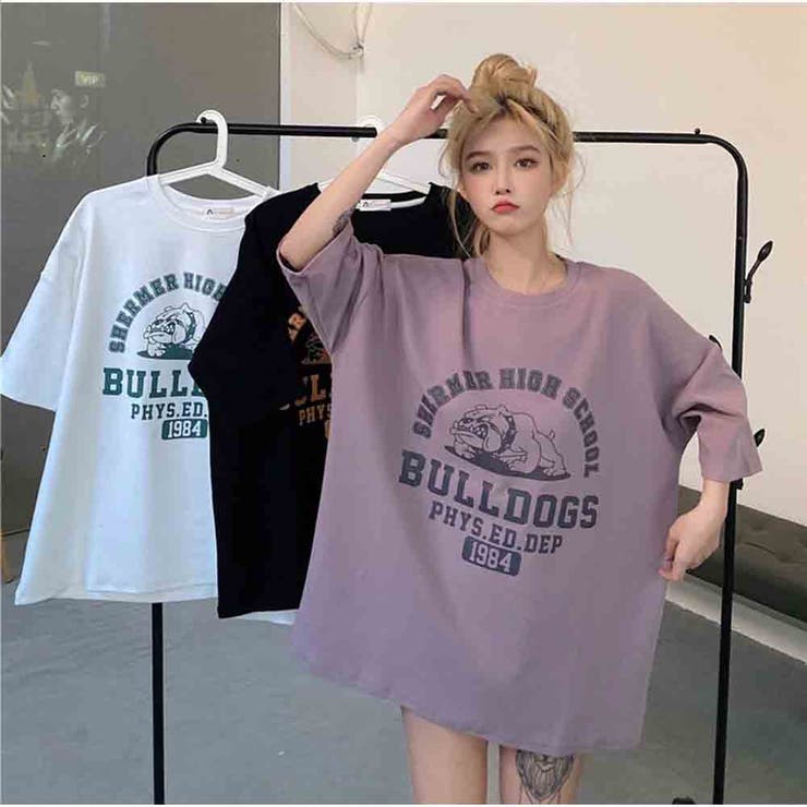 Tシャツ 体型カバー トップス 半袖 ロゴプリント 韓国ファッション