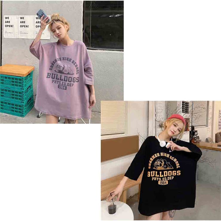 Tシャツ 体型カバー トップス 半袖 ロゴプリント 韓国ファッション