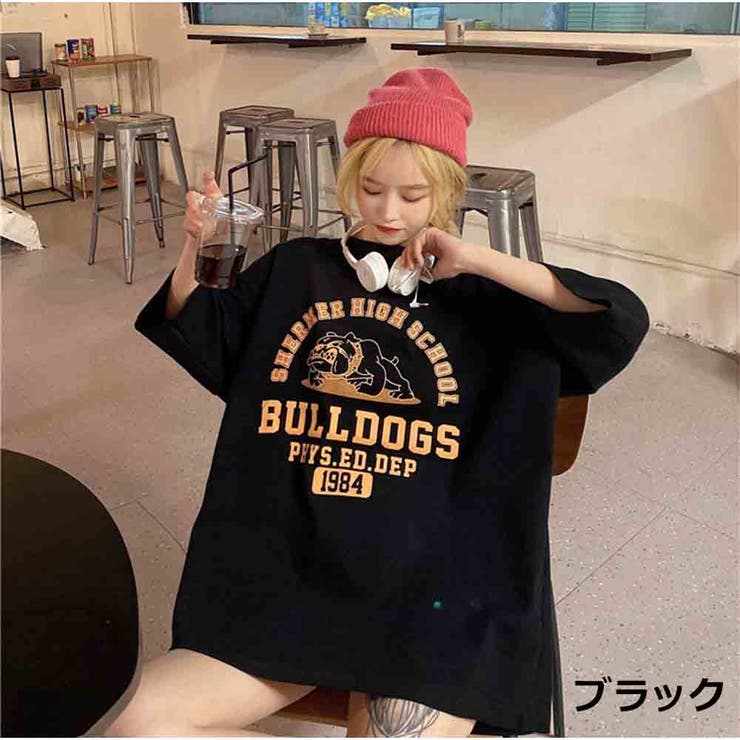 Tシャツ 体型カバー トップス 半袖 ロゴプリント 韓国ファッション