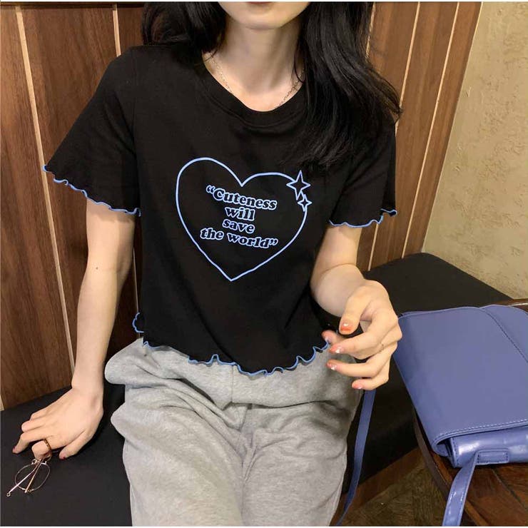 ショート丈Tシャツ 配色ネックロゴプリント ラウンドカラークロップドTシャツ