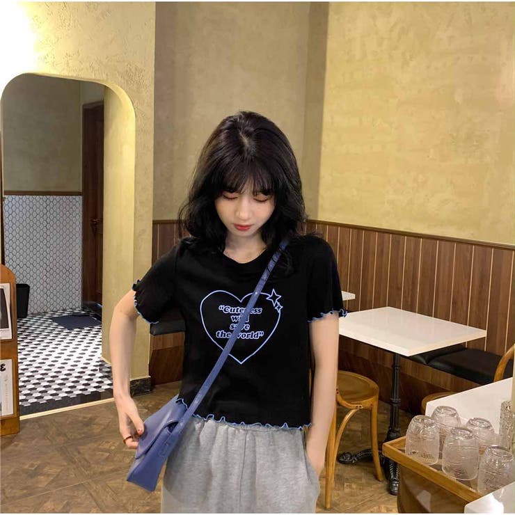 ショート丈Tシャツ 配色ネックロゴプリント ラウンドカラークロップドT