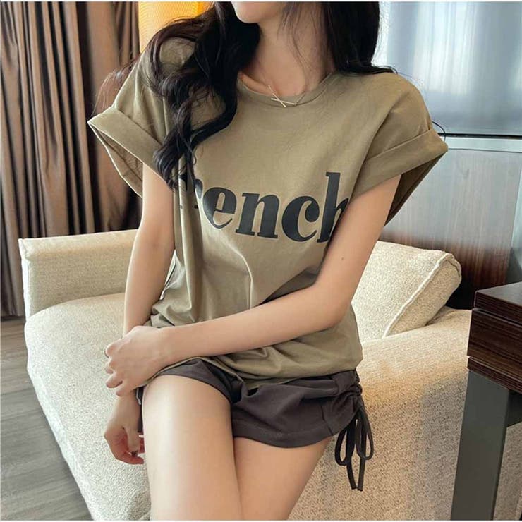 ロゴプリント フレンチスリーブ Tシャツ クルーネック 着痩せ