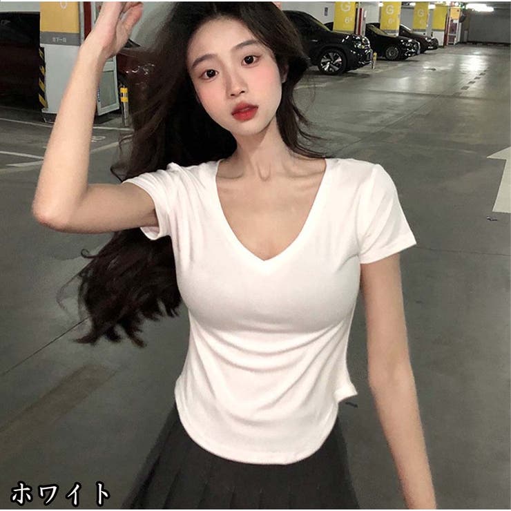 Vネック Tシャツ ショート丈 トップス シンプル 夏服 韓国