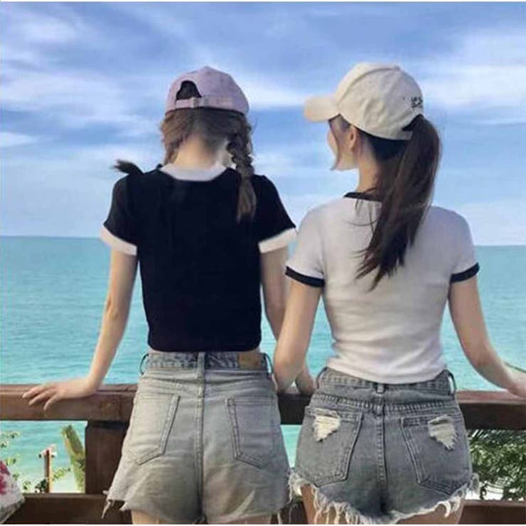 バイカラーTシャツ 半袖 カジュアル ショート丈 夏服 レディース