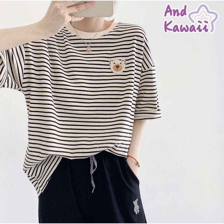 Tシャツ 半袖 レディーストップス ボーダー柄 韓国ファッション | And Kawaii | 詳細画像1 