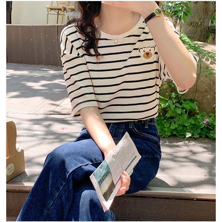 Tシャツ 半袖 レディーストップス ボーダー柄 韓国ファッション | And Kawaii | 詳細画像16 