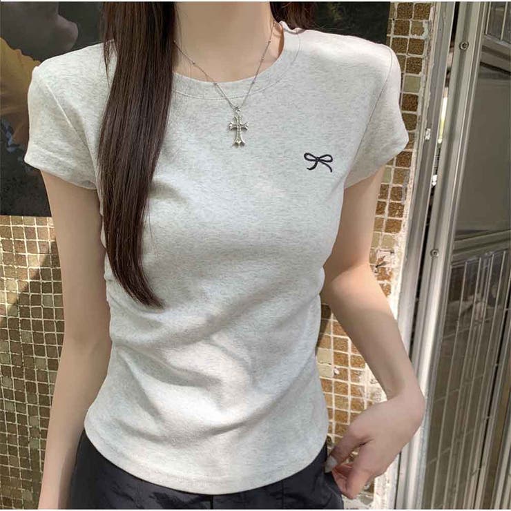 ミニリボン刺繍入り ベーシックフィットTシャツ コットンラウンドネック半袖 | And Kawaii | 詳細画像8 