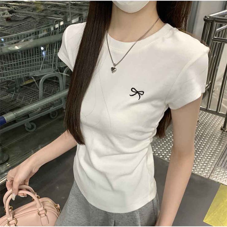 ミニリボン刺繍入り ベーシックフィットTシャツ コットンラウンドネック半袖 | And Kawaii | 詳細画像9 