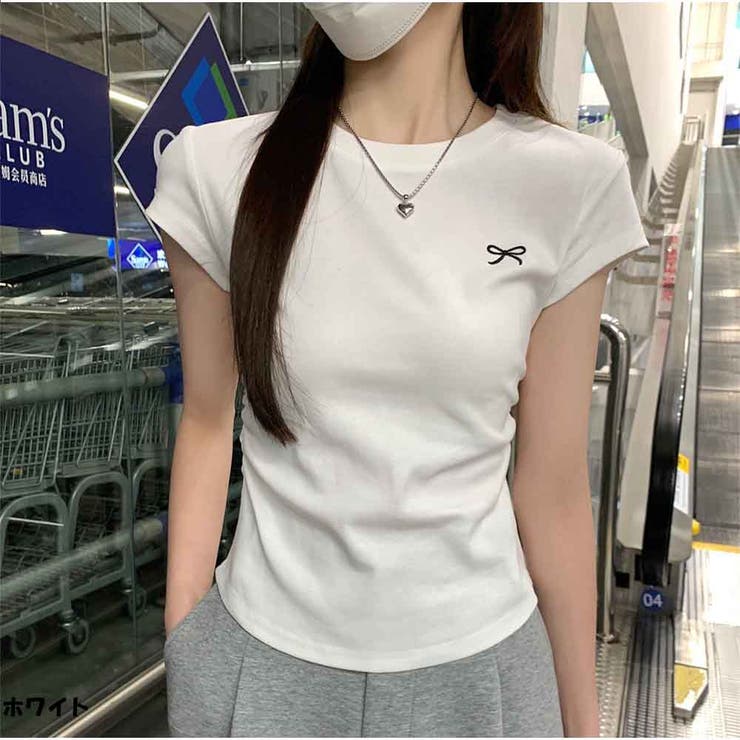 ホワイト | ミニリボン刺繍入り ベーシックフィットTシャツ コットンラウンドネック半袖 | And Kawaii