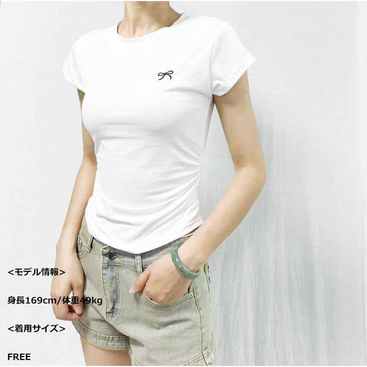 ミニリボン刺繍入り ベーシックフィットTシャツ コットンラウンドネック半袖 | And Kawaii | 詳細画像2 