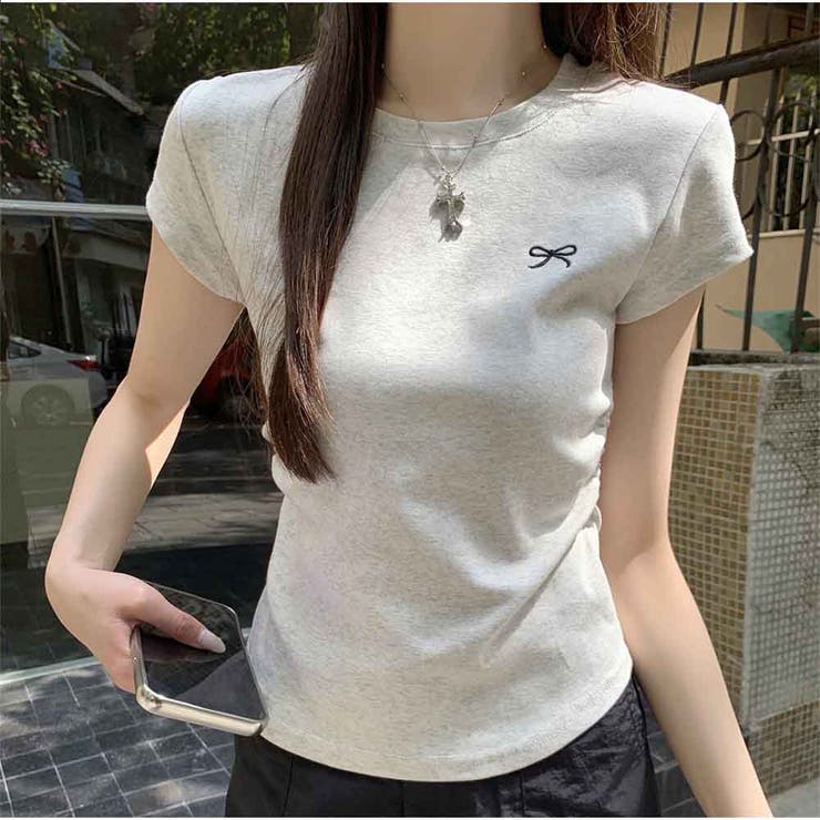 ミニリボン刺繍入り ベーシックフィットTシャツ コットンラウンドネック半袖 | And Kawaii | 詳細画像6 