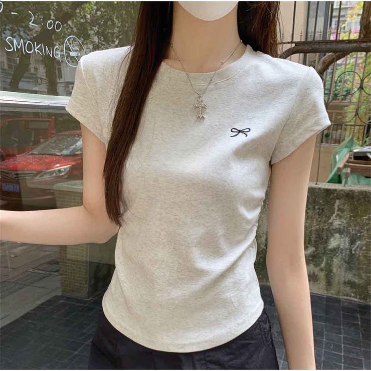 ミニリボン刺繍入り ベーシックフィットTシャツ コットンラウンドネック半袖 | And Kawaii | 詳細画像7 