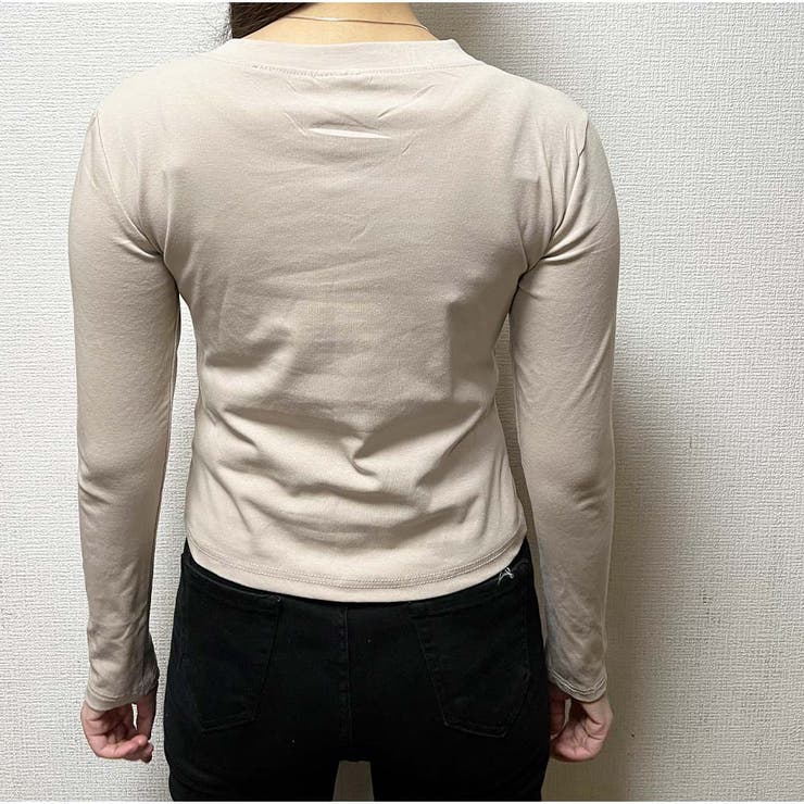 長袖Tシャツ Vネック スリムフィット レディース 韓国 ロゴ