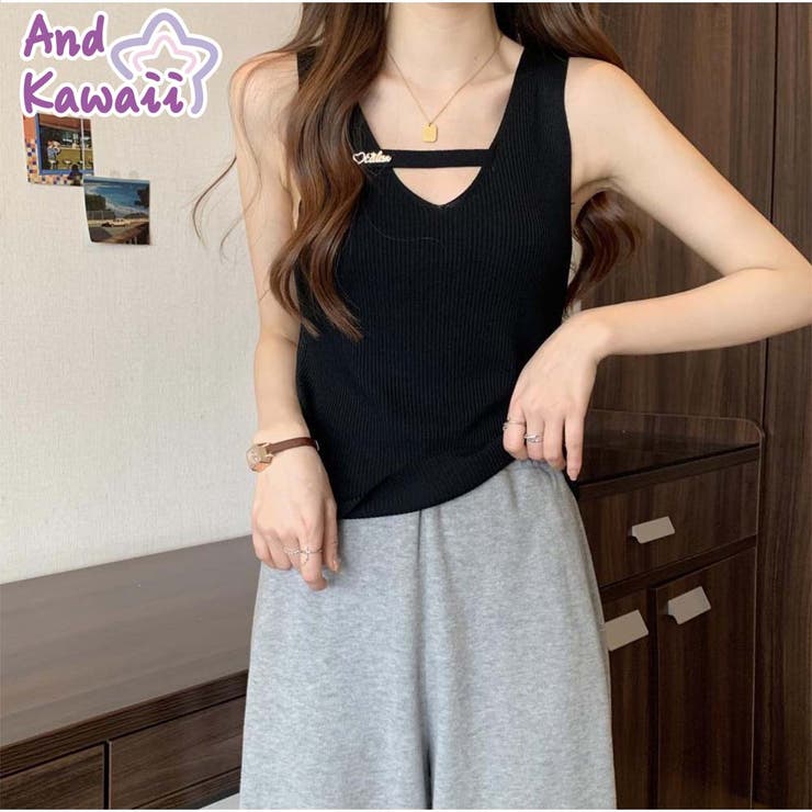 リブニットタンクトップ トップス フロントオープン Vネック ベーシック | And Kawaii | 詳細画像1 