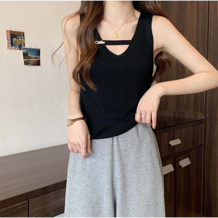 リブニットタンクトップ トップス フロントオープン Vネック ベーシック | And Kawaii | 詳細画像9 