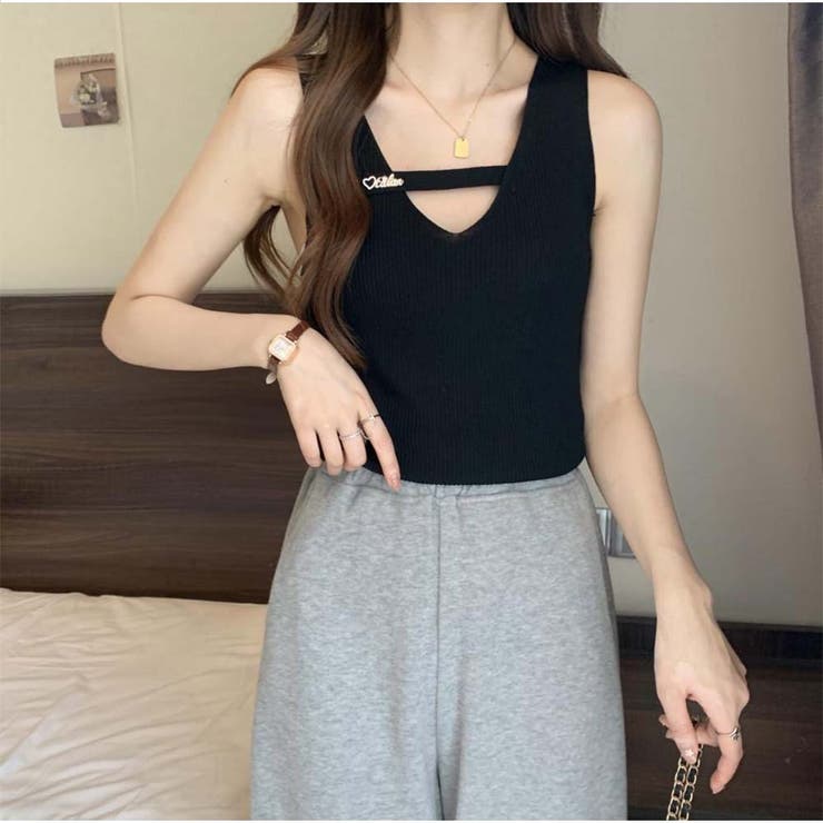 ブラック | リブニットタンクトップ トップス フロントオープン Vネック ベーシック | And Kawaii