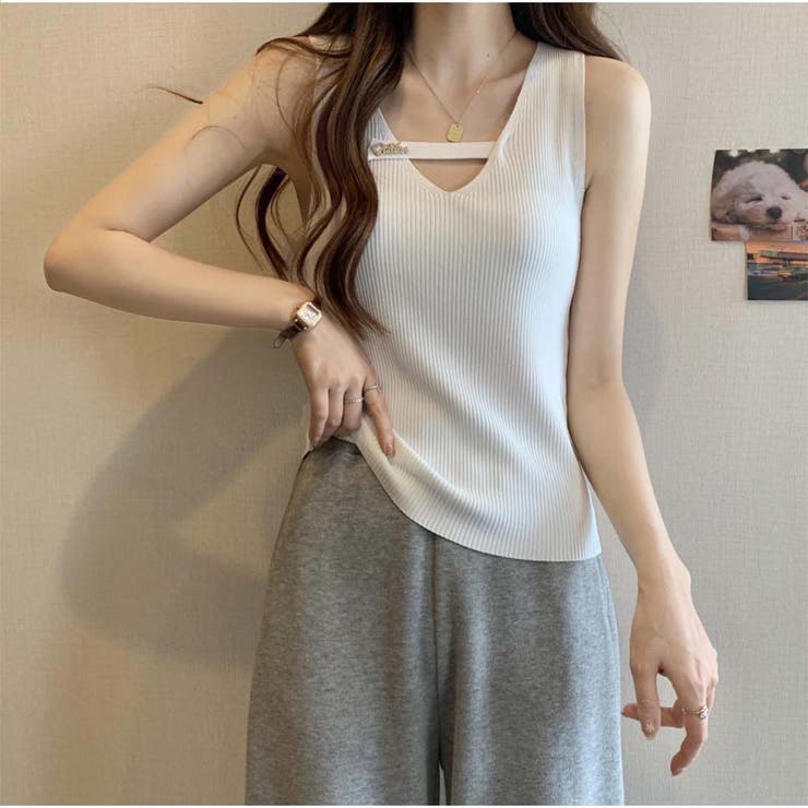 リブニットタンクトップ トップス フロントオープン Vネック ベーシック | And Kawaii | 詳細画像7 