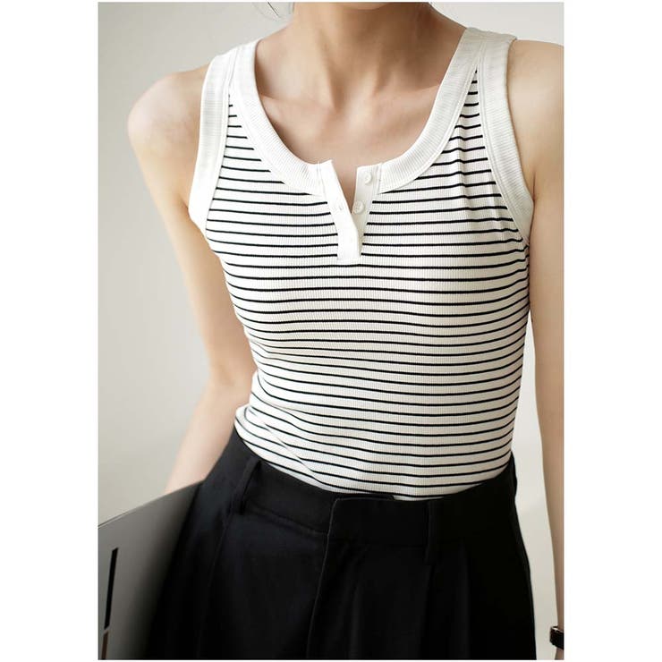 ボーダーホワイト | タンクトップ ボーダー 韓国ファッション | And Kawaii