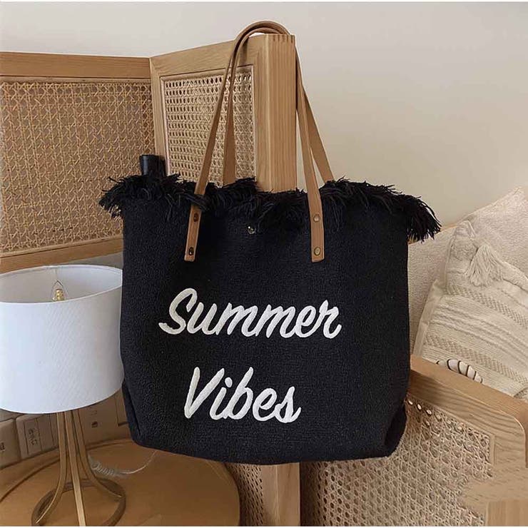 ブラック | トートバッグ 刺繍ロゴ 大容量キャンバス フリンジ付きサマートートバッグ | And Kawaii