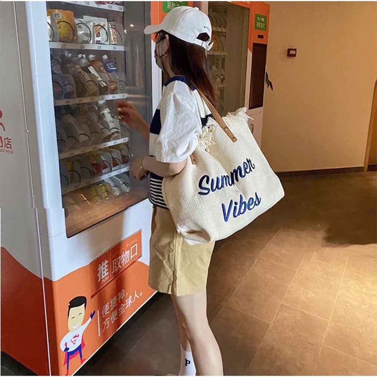 トートバッグ 刺繍ロゴ 大容量キャンバス フリンジ付きサマートートバッグ | And Kawaii | 詳細画像3 