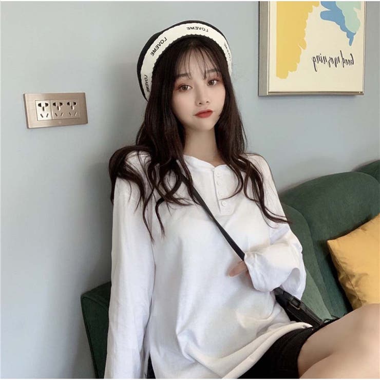 Tシャツ レディース トップス 長袖 ボタン付 無地 可愛い 韓国
