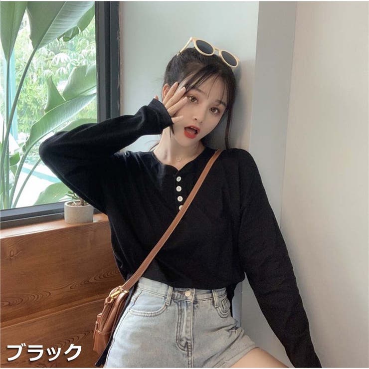 Tシャツ レディース トップス 長袖 ボタン付 無地 可愛い 韓国