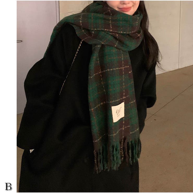 B | ロングマフラー ボリュームフリンジマフラー チェック柄 | And Kawaii