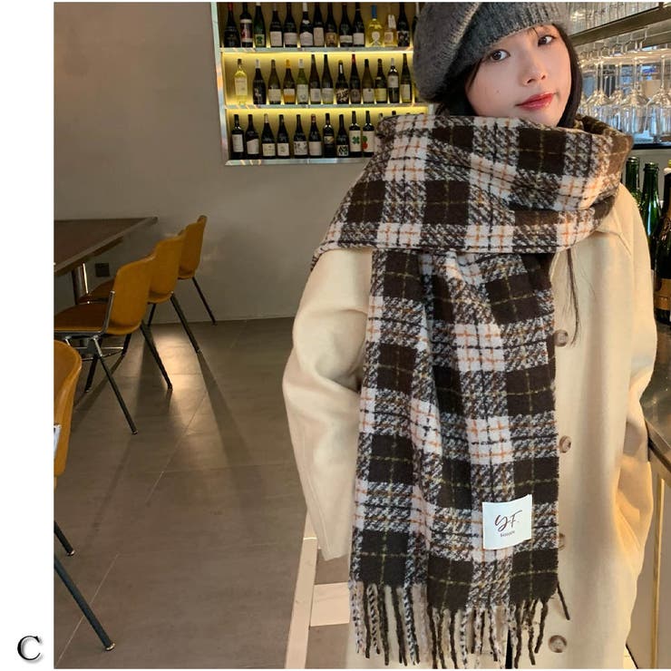 C | ロングマフラー ボリュームフリンジマフラー チェック柄 | And Kawaii