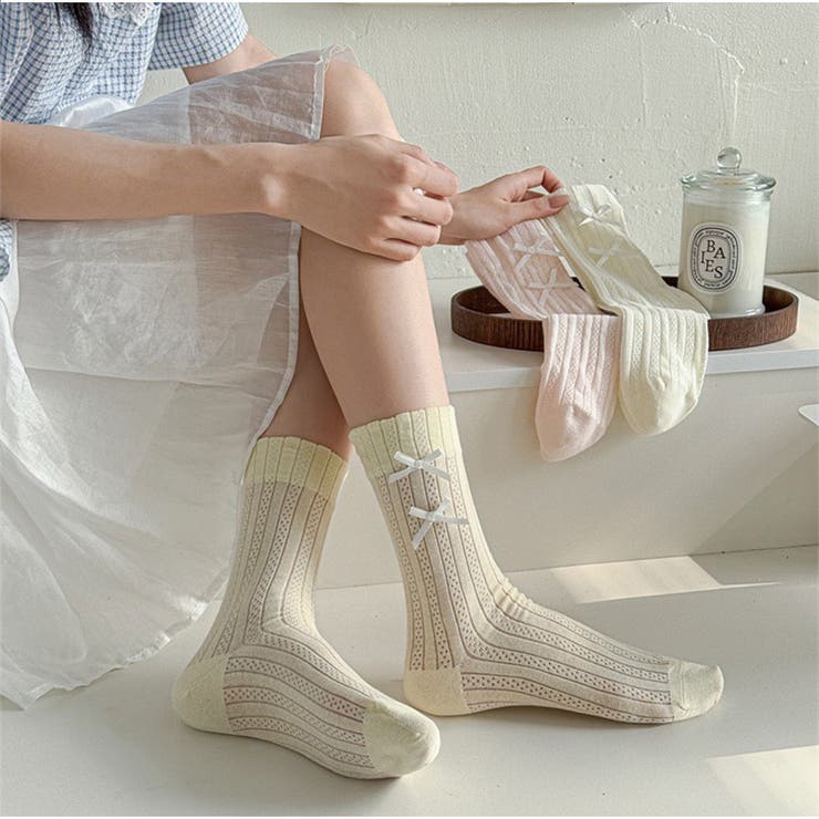 リブ編みソックス リボン付き ガーリー可愛いミドル丈靴下 | And Kawaii | 詳細画像6 