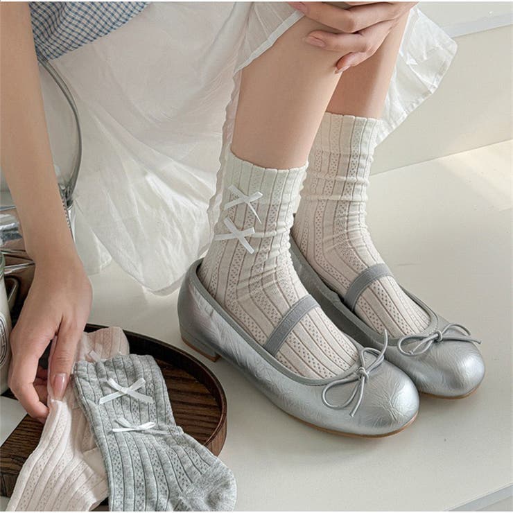 リブ編みソックス リボン付き ガーリー可愛いミドル丈靴下 | And Kawaii | 詳細画像7 
