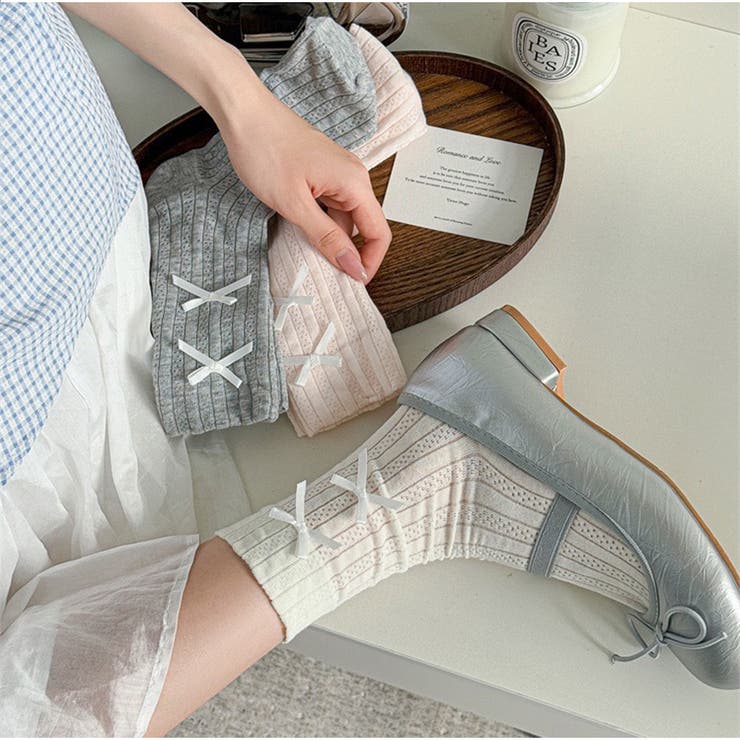 リブ編みソックス リボン付き ガーリー可愛いミドル丈靴下 | And Kawaii | 詳細画像9 