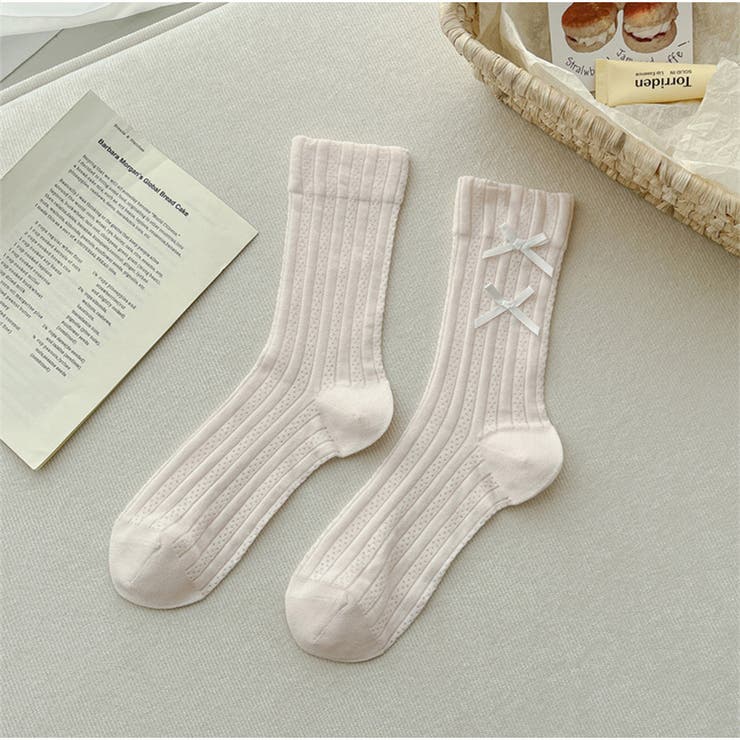 ピンク | リブ編みソックス リボン付き ガーリー可愛いミドル丈靴下 | And Kawaii