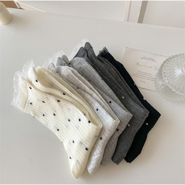 ドット柄リブソックス レース風フリル付き クラシックガーリー靴下 | And Kawaii | 詳細画像5 