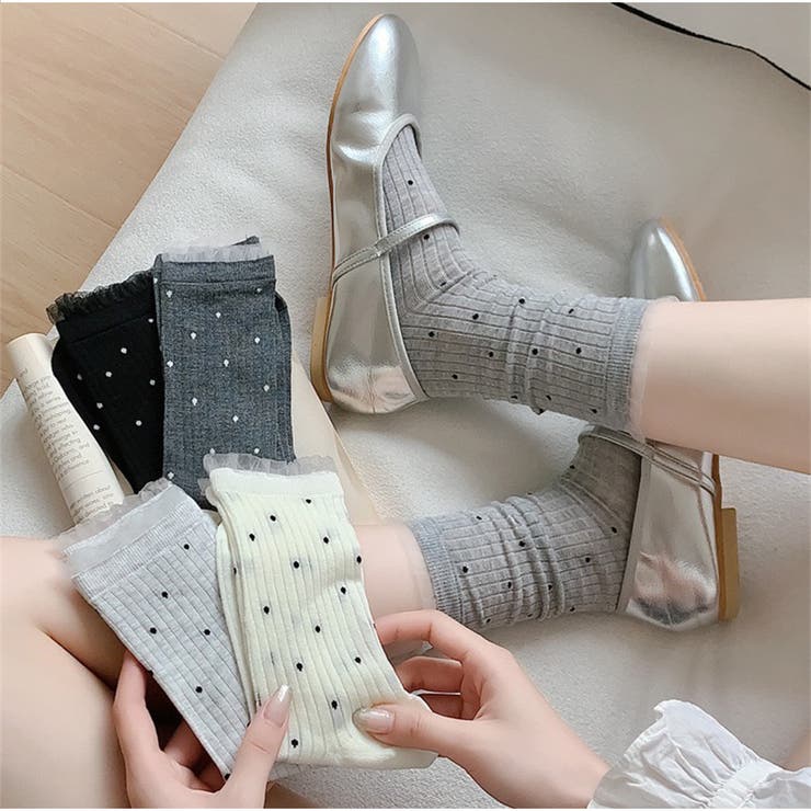 ドット柄リブソックス レース風フリル付き クラシックガーリー靴下 | And Kawaii | 詳細画像7 