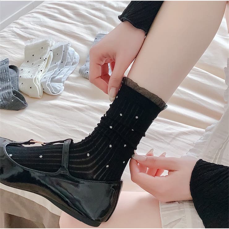 ドット柄リブソックス レース風フリル付き クラシックガーリー靴下 | And Kawaii | 詳細画像9 