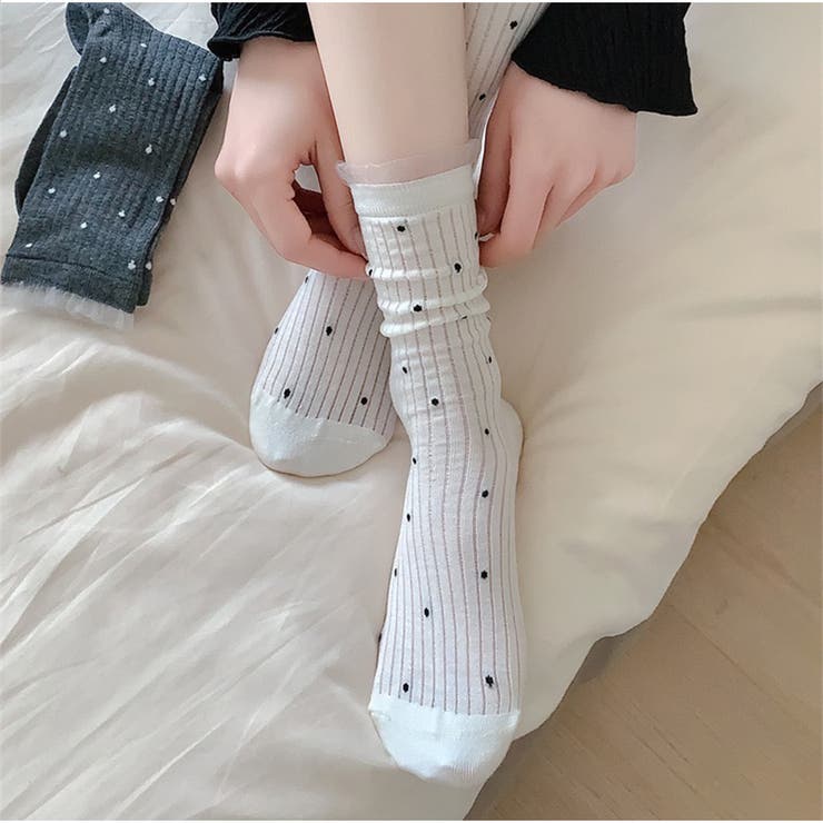 ドット柄リブソックス レース風フリル付き クラシックガーリー靴下 | And Kawaii | 詳細画像13 