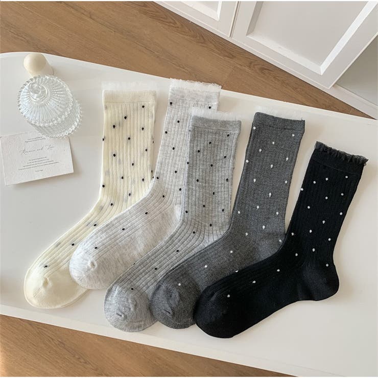 ドット柄リブソックス レース風フリル付き クラシックガーリー靴下 | And Kawaii | 詳細画像4 