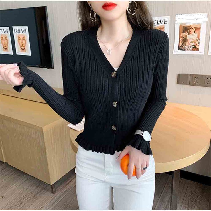 ブラック | カーディガン 秋新作 ショート丈 Vネック レディース 長袖 | And Kawaii