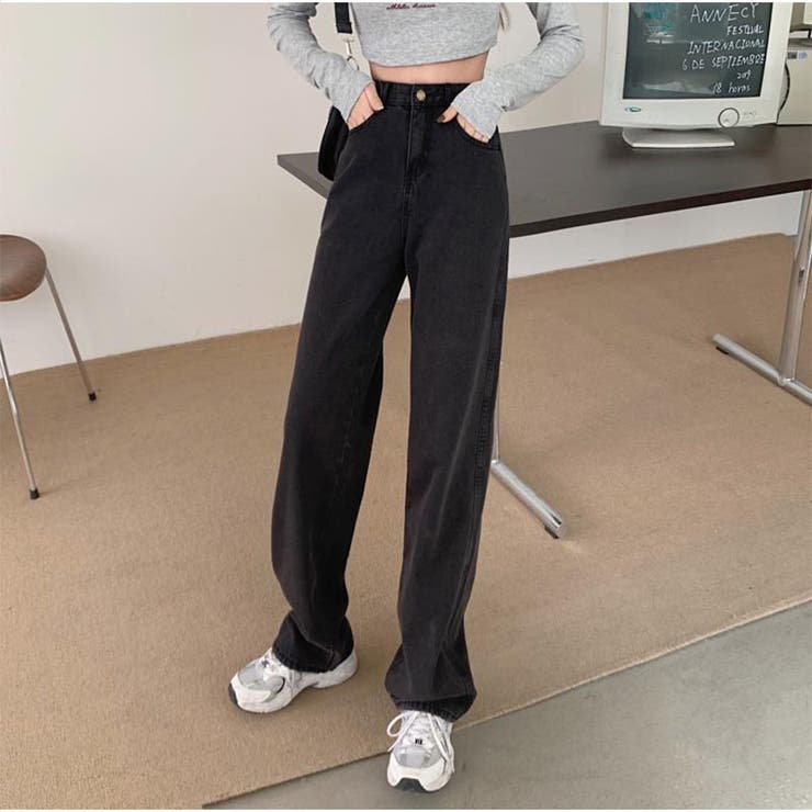 ブラック | ハイウエストワイドデニムパンツ ストレートデニム ウエストレイヤード風 | And Kawaii