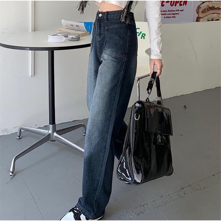 ハイウエストワイドデニムパンツ ストレートデニム ウエスト