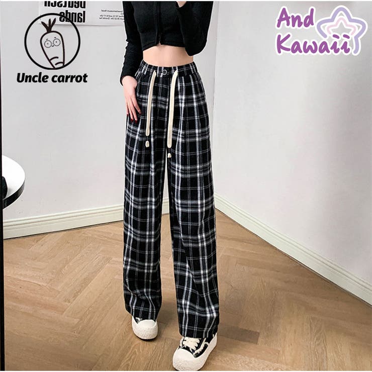 ワイドパンツ ウエストゴム チェックワイドパンツ | And Kawaii | 詳細画像1 