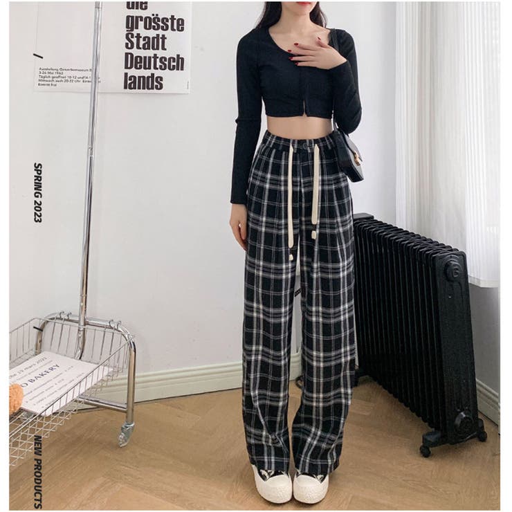 ブラック | ワイドパンツ ウエストゴム チェックワイドパンツ | And Kawaii