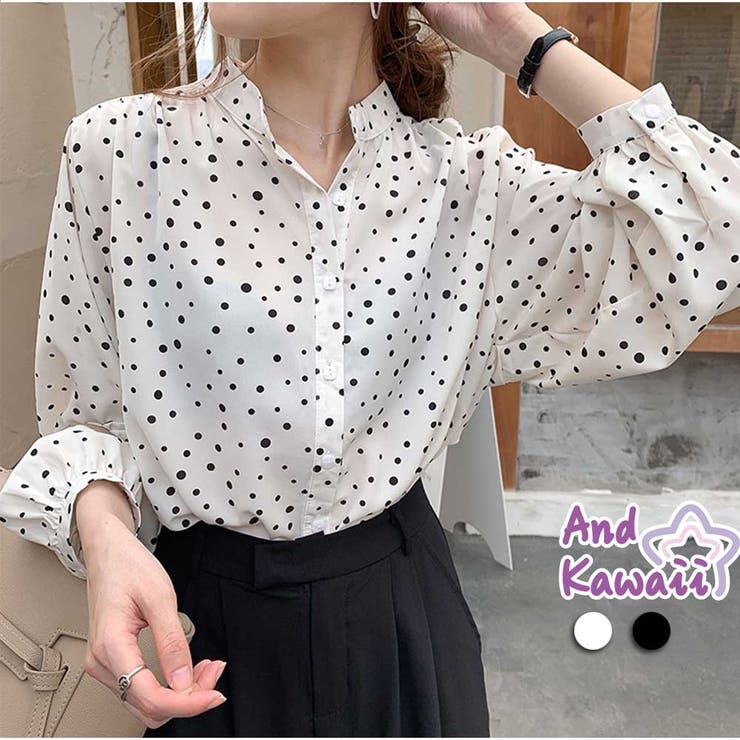 シャツ Vネック ドット柄ゆったり 体型カバー 着痩せカジュアル 美シルエット | And Kawaii | 詳細画像1 